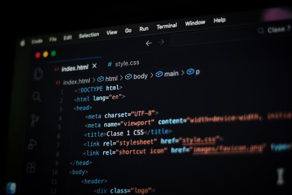 A computer screen displaying HTML code with lines of text, tags such as <html>, <head>, <title>, and <body>, along with code-related elements like styles and links. The screen is in a dimly lit enviro